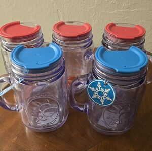 NWT Set of 5 Clear Mugs with Red and Blue Lids 16oz.